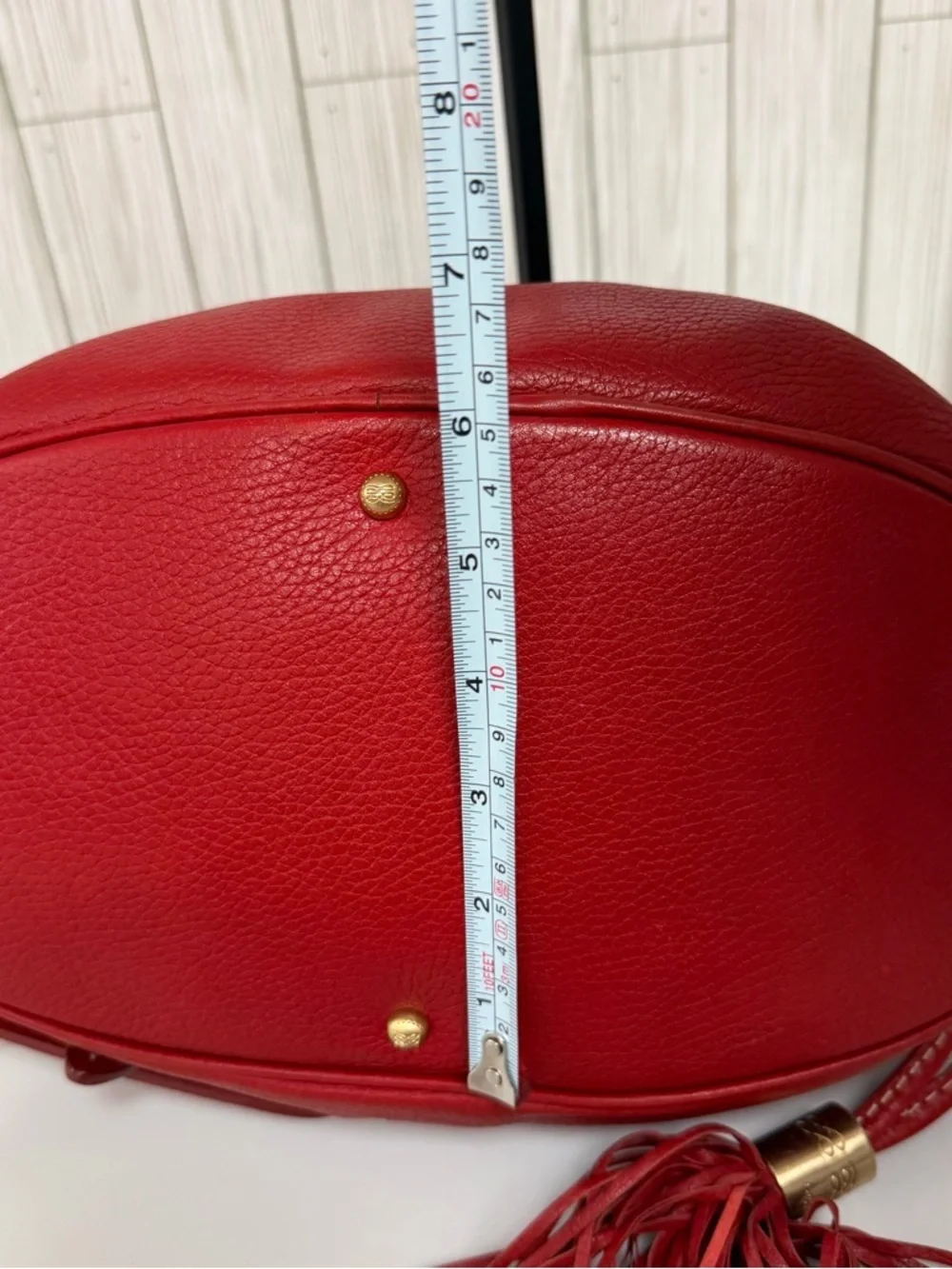 Lancel Red Pebbled Leather Shoulder Bag with Tassel Details